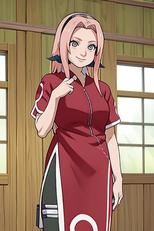 n obra maestra， de la mejor calidad， 1 chicas， sakura haruno， con cabello rosado， pelo largo， pechos enormes ojos verdes， forehead protection， Smile with， manos en la cadera， tetas gigantes