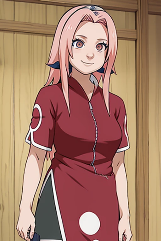 n obra maestra, de la mejor calidad, 1 chicas, sakura haruno, con cabello rosado, pelo largo, pechos enormes ojos verdes, forehead protection, Smile with, manos en la cadera, tetas gigantes