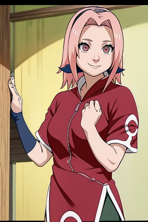 n obra maestra, de la mejor calidad, 1 chicas, sakura haruno, con cabello rosado, pelo largo, pechos enormes ojos verdes, forehead protection, Smile with, manos en la cadera, tetas gigantes