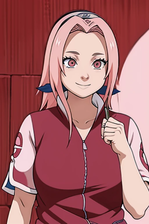 n obra maestra， de la mejor calidad， 1 chicas， sakura haruno， con cabello rosado， pelo largo， pechos enormes ojos verdes， forehead protection， Smile with， manos en la cadera， tetas gigantes