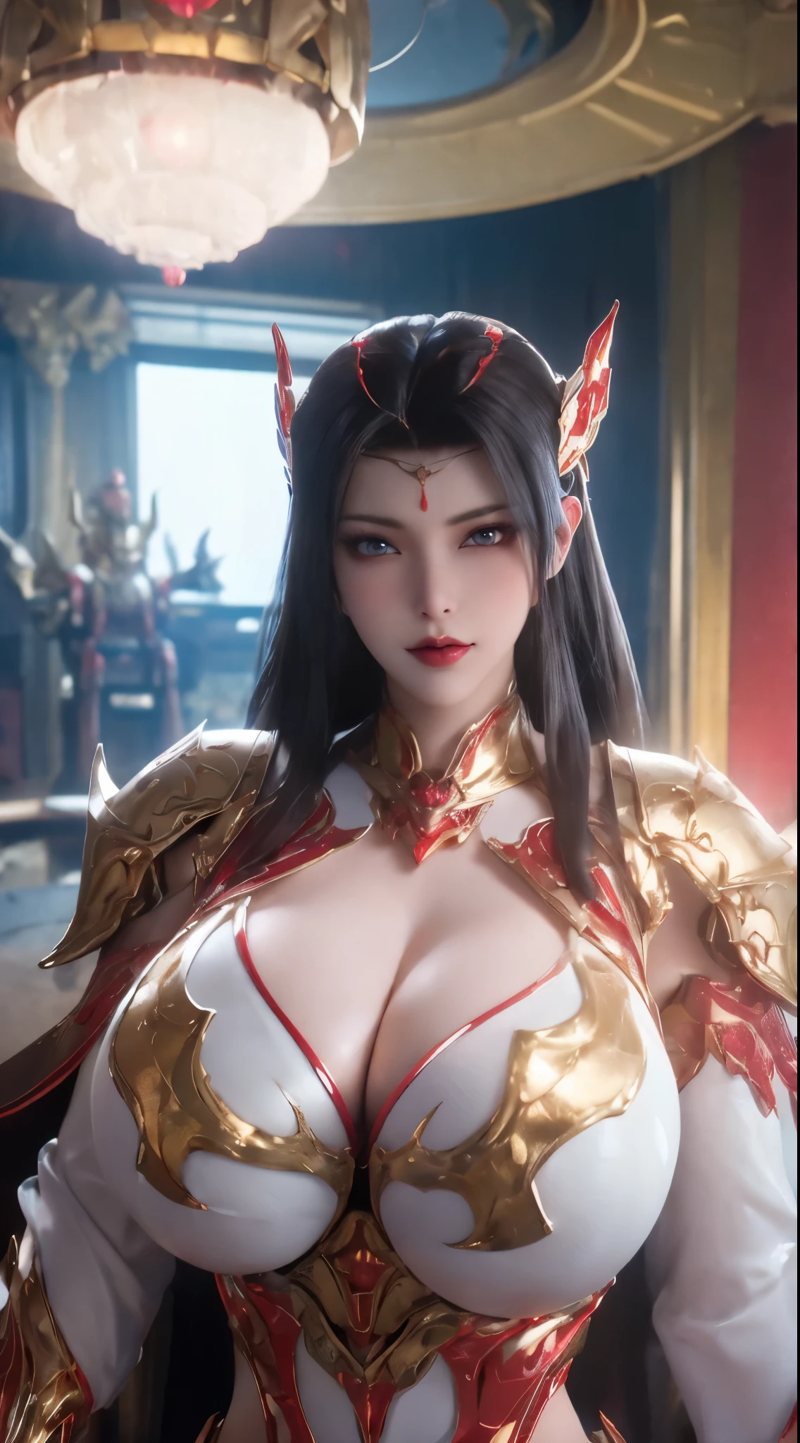 A BUSTY MILF, PORTRAIT,STANDING POSING, UPPER BODY, SOLO,(BEAUTY BLACK HAIR, GOLD DRAGON HORN), (MASSIVE FAKE BOOBIES,CLEAVAGE TOP,MUSCLE ABS:1.5), ((WEARING OUTFIT (LED RED, WHITE, BLACK) SHINY ROBOT MECHANICAL BIKINI ARMOR:1.5)),(CURVY VOLUPTUOUS BODY MATURE WOMAN:1.5), (SWEATY GLOSSY BODYSKIN:1.5), (LOOKING AT VIEWER:1.7),(BACKGROUND FUTURISTIC SPACE STATION:1), (PHOTOREALSITIC:1.4), (ULTRA-DETAILLIERT), (TOP-QUALITY), (BEST SHADOWS), BRIGHT LIGHT IN ROOM, HYPER TEXTURE, (4X MSAA), ((UNREAL ENGINE 5 RENDER)), PHYSICALLY-BASED RENDERING, ULTRA HIGHT DEFINITION, 16K, 1080P.