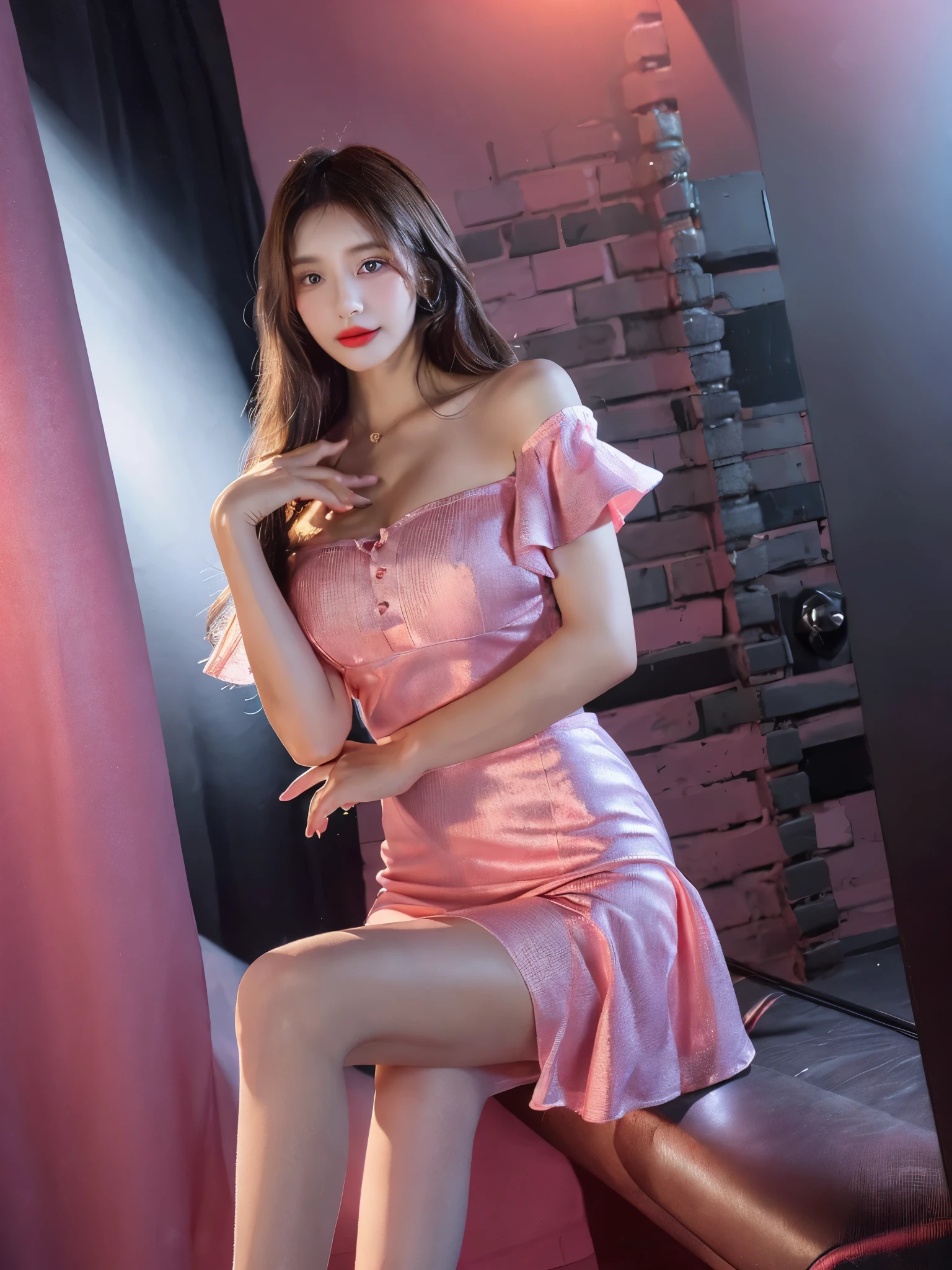 (8k, UHD, best quality, highres, award winning, high quality, high details, super detail, textured skin, anatomically correct, masterpiece, ccurate, retina), Korean female model, Height 175 cm, perfect bodies, Long legs, wavy and long hair, Wearing 0D pantyhose, Raw legs, full legs shot, (((full body: 1.5))), Sexy pose, Draped skirt, Dressed in white lace, The whole body in black, tightly dress, tightly mini skirt, tightly v-neck off-shoulder, ray tracing, (Dark pink gradation background)