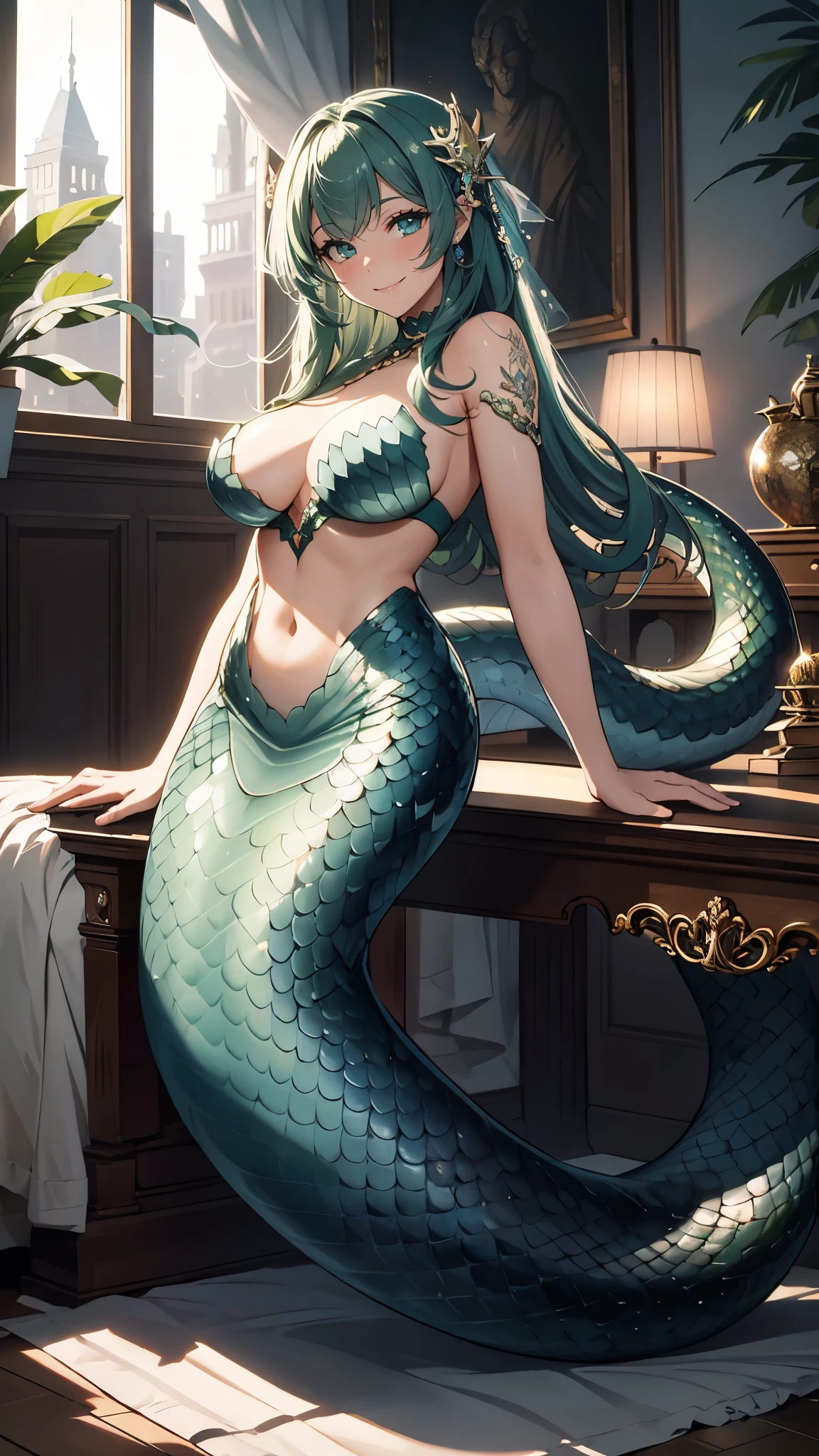masterpiece,best quality,original photo,high resolution,Mermaid,snake,Smile,portrait,close shot