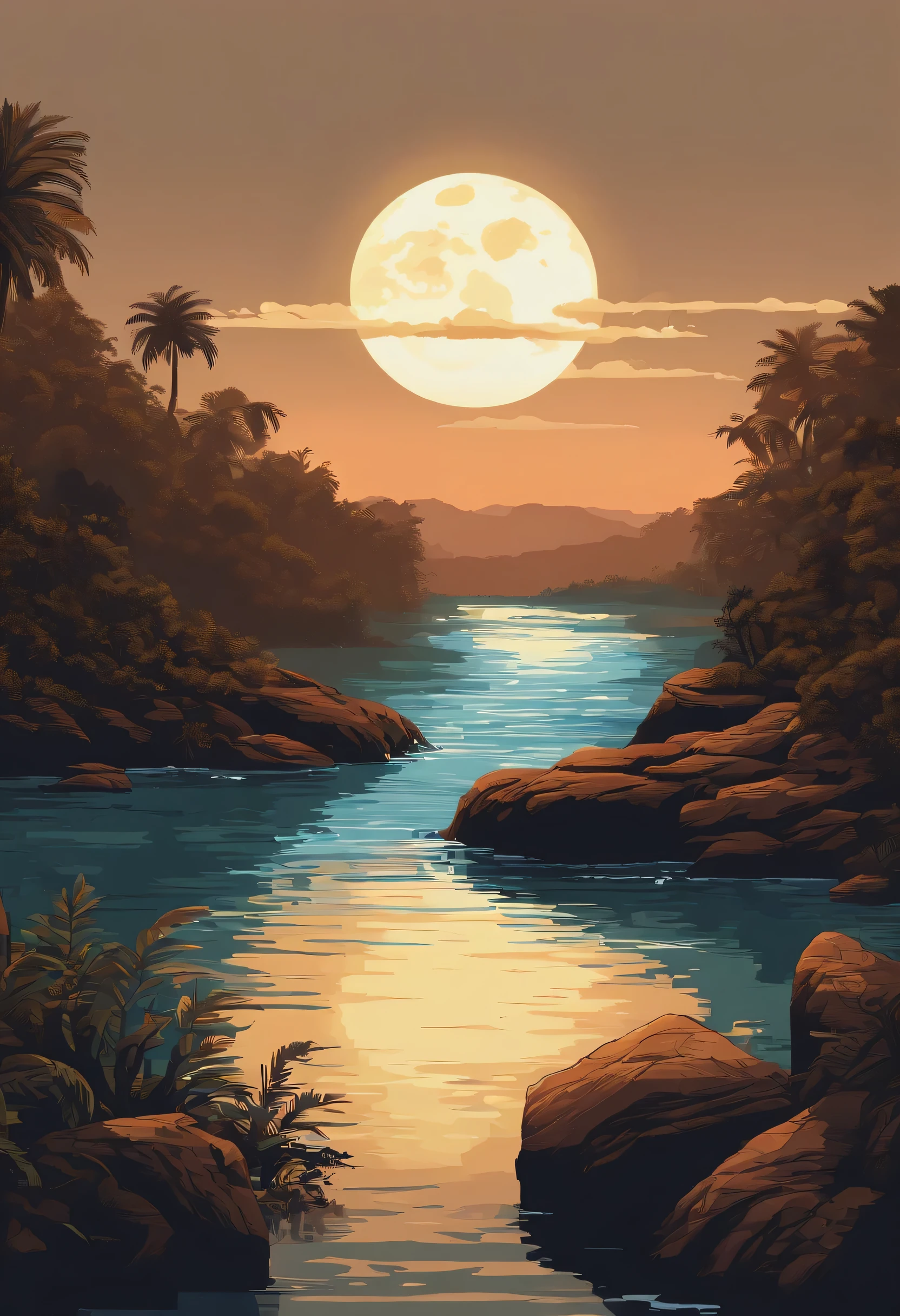 Pixel art de la luna gigante que se eleva sobre el mar en calma, beautiful detailed arte de pixel, detailed arte de pixel, Lo-fidel retro video games, Concepto de pixel art, detailed arte de pixelwork, Pixel art style, Pixel City, pixel art animation, High-quality arte de pixel, Los delfines saltan de la superficie del mar, super detailed color lowpoly art, #arte de pixel:3, # arte de pixel, #arte de pixel, painting of a river with rocks and trees in the foreground, por Martinus Rørbye, por Adolf Hölzel, por Adolf Schrödter, by Karl Otto Götz, por Vilhelm Lundstrom, by Antón Otto Fischer, by Joseph von Führich, por Carl Eugen Keel, por Adolf Born, near a river, paisaje, selva, cascada, Agua clara como el cristal, Luz de noche, Luna llena, vistoso, river with rocks, puente de roca, epic, fancy,