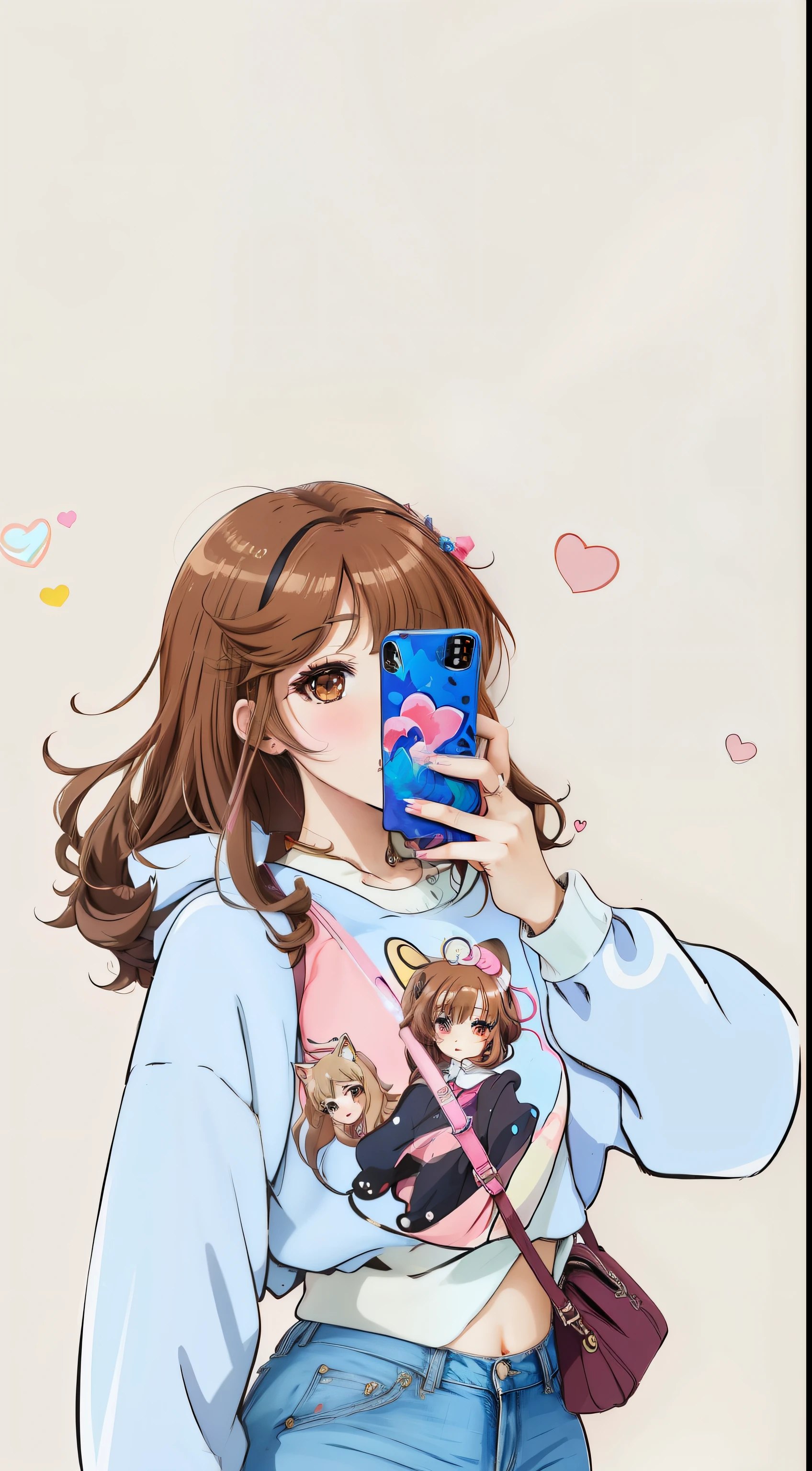 a close up of a person holding a cell phone in their hand, cute art style, anime vibes, anime aesthetic, cute detailed artwork, pokimane, girl with brown hair, anime lover, lofi girl aesthetic, style anime, in love selfie, solo portrait 🎨🖌️, beautiful drawing style, cute artwork, illustration style, anime art style, anime inspired