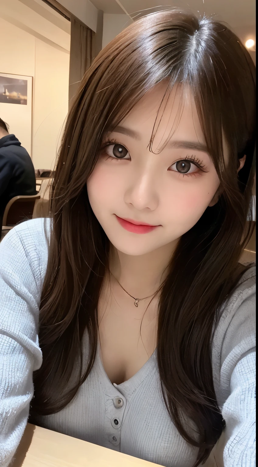 table top, highest quality, shape, Super detailed, finely, High resolution, 8k wallpaper, 完璧なダイナミックな構shape, beautiful and detailed eyes, Gorgeous and stylish black fluffy latest trend Tokyo winter clothes,ランダムなcute髪,small breasts,natural color lip, bold sexy pose,smile、20 year old girl、cute、sexy shot looking at camera,Always blur the background,perfect and beautiful face,Take only the face,beautiful and detailed face、slim face and style,Big eyes、Do gal makeup,real photos