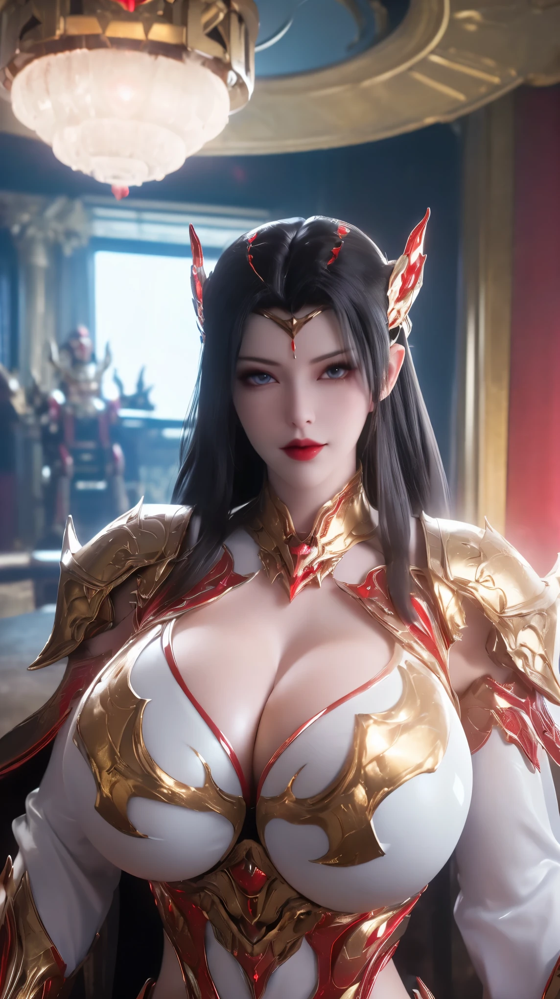 A BUSTY MILF, PORTRAIT,STANDING POSING, UPPER BODY, SOLO,(BEAUTY BLACK HAIR, GOLD DRAGON HORN), (MASSIVE FAKE BOOBIES,CLEAVAGE TOP,MUSCLE ABS:1.5), ((WEARING OUTFIT (LED RED, WHITE, BLACK) SHINY ROBOT MECHANICAL BIKINI ARMOR:1.5)),(CURVY VOLUPTUOUS BODY MATURE WOMAN:1.5), (SWEATY GLOSSY BODYSKIN:1.5), (LOOKING AT VIEWER:1.7),(BACKGROUND FUTURISTIC SPACE STATION:1), (PHOTOREALSITIC:1.4), (ULTRA-DETAILLIERT), (TOP-QUALITY), (BEST SHADOWS), BRIGHT LIGHT IN ROOM, HYPER TEXTURE, (4X MSAA), ((UNREAL ENGINE 5 RENDER)), PHYSICALLY-BASED RENDERING, ULTRA HIGHT DEFINITION, 16K, 1080P.