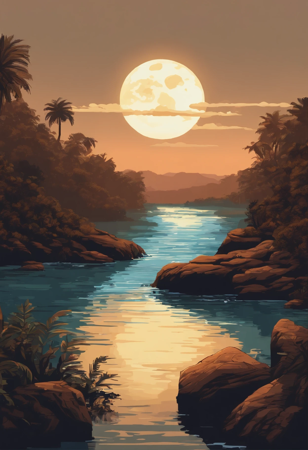 Pixel art of giant moon rising over calm sea, beautiful detailed pixel art, detailed pixel art, Lo-fidel retro video games, Concept Pixel Art, detailed pixel artwork, Pixel art style, pixel town, Pixel Art Animation, High-quality pixel art, Dolphins jump off the surface of the sea, super detailed color lowpoly art, #pixel art:3, # pixel art, #pixel art, painting of a river with rocks and trees in the foreground, por Martinus Rørbye, por Adolf Hölzel, por Adolf Schrödter, by Karl Otto Götz, por Vilhelm Lundstrom, by Antón Otto Fischer, by Joseph von Führich, por Carl Eugen Keel, por Adolf Born, near a river, landscape, jungle, waterfall, crystal clear water, night light, full moon, colorful, river with rocks, rock bridge, epic, fantasy,