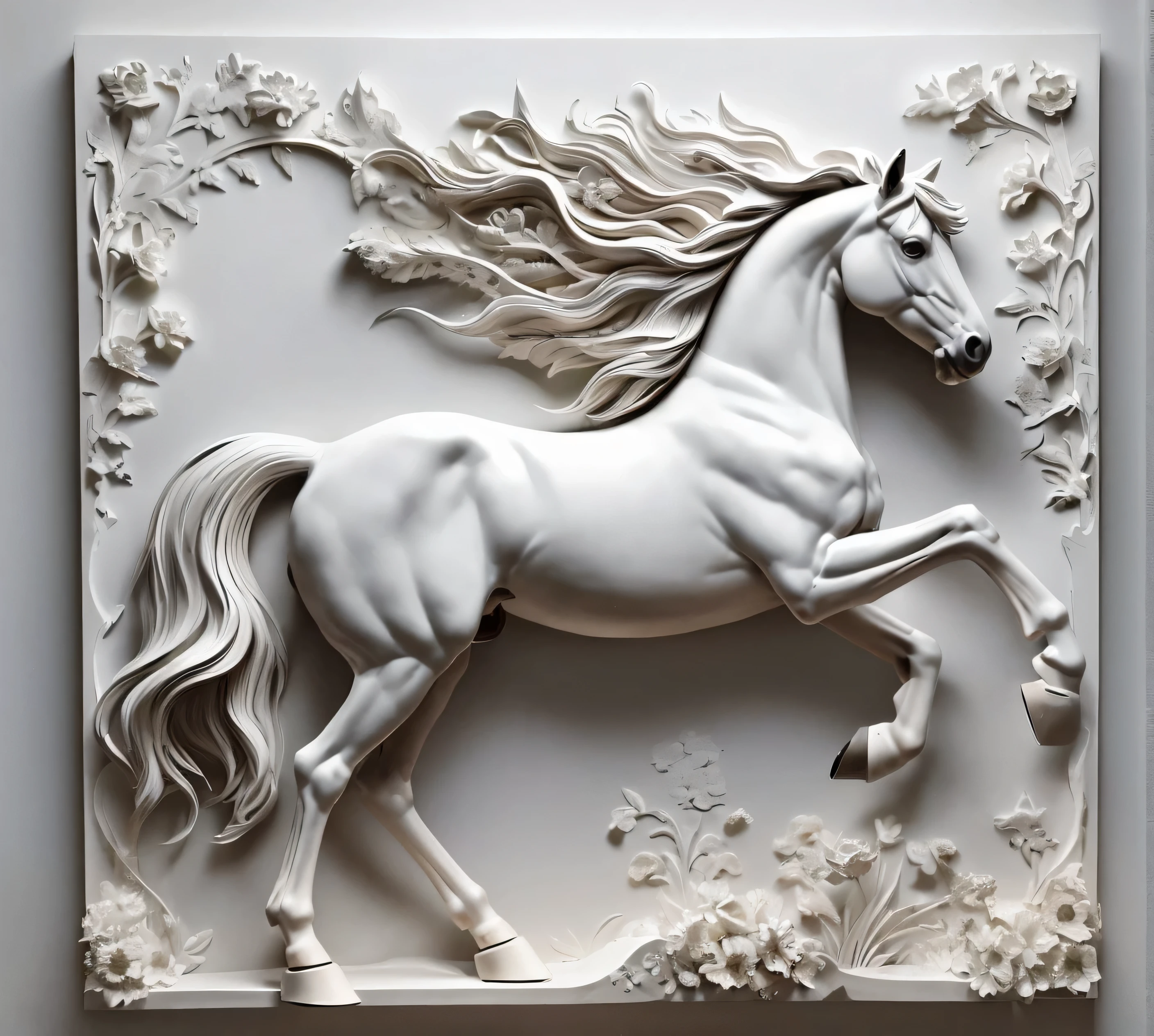 there is a white caballo that is standing in a room, inspirado por John Frederick Herring, Sr.., inspirado por John Frederick Herring, jr., white caballo, Una pintura de plata blanca, an all white caballo, Pegaso, caballo, 3 d carved marble sculpture, adornado y fluido, arte digital detallado en 3D, the caballo above, digital caballo, equino, Belleza elegante