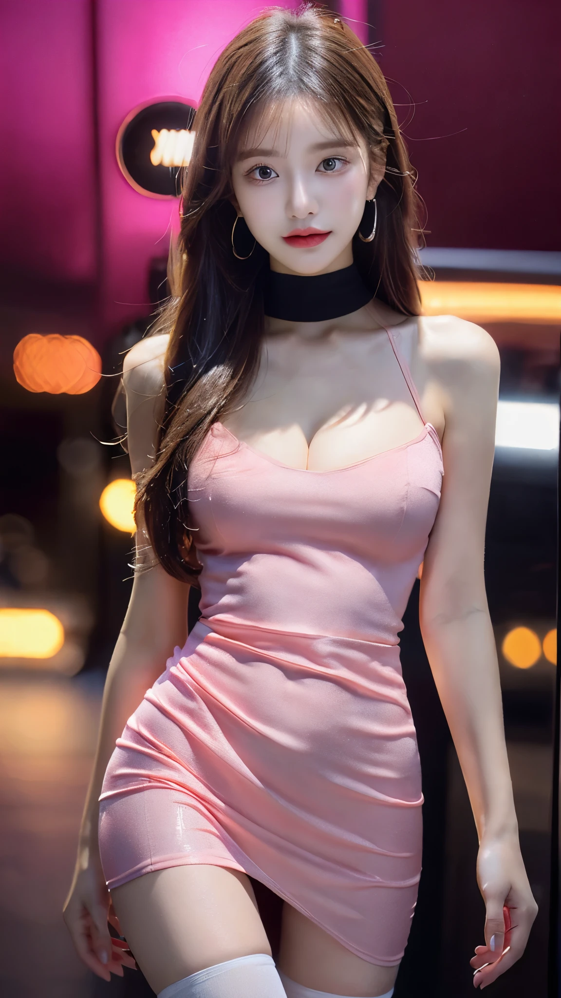 (8k, UHD, best quality, highres, award winning, high quality, high details, super detail, textured skin, anatomically correct, masterpiece, ccurate, retina), Korean female model, Height 175 cm, perfect bodies, Long legs, wavy and long hair, Wearing 0D pantyhose, Raw legs, full legs shot, (((full body: 1.5))), Sexy pose, Draped skirt, Dressed in white lace, The whole body in black, tightly dress, tightly mini skirt, tightly v-neck off-shoulder, ray tracing, (Dark pink gradation background)
