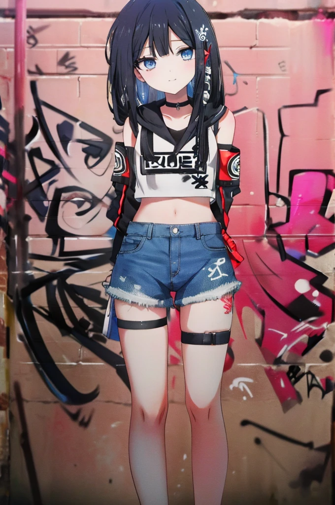 Siboshency,1 girl,black hair,long hair,alone,dull bangs,Snowflake Hair Ornament,Yellow x hair ornament,black eye,blue eyes,denim shorts, choker, (graffiti:1.5), smile,paint splatters, turn your arms behind your back, towards the wall, looking at the viewer, armband, thigh strap, paint on the body, head tilt, was bored, headset,outdoor,Day,exquisite visuals, High resolution,masterpiece,highest quality,exquisite visuals,High resolution,masterpiece,highest quality,18-year-old,young woman,beautiful fingers,beautiful long legs,beautiful body,beautiful character design,