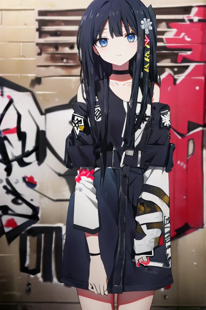 Siboshency,1 girl,black hair,long hair,alone,dull bangs,Snowflake Hair Ornament,Yellow x hair ornament,black eye,blue eyes,denim shorts, choker, (graffiti:1.5), smile,paint splatters, turn your arms behind your back, towards the wall, looking at the viewer, armband, thigh strap, paint on the body, head tilt, was bored, headset,outdoor,Day,exquisite visuals, High resolution,masterpiece,highest quality,exquisite visuals,High resolution,masterpiece,highest quality,18-year-old,young woman,beautiful fingers,beautiful long legs,beautiful body,beautiful character design,