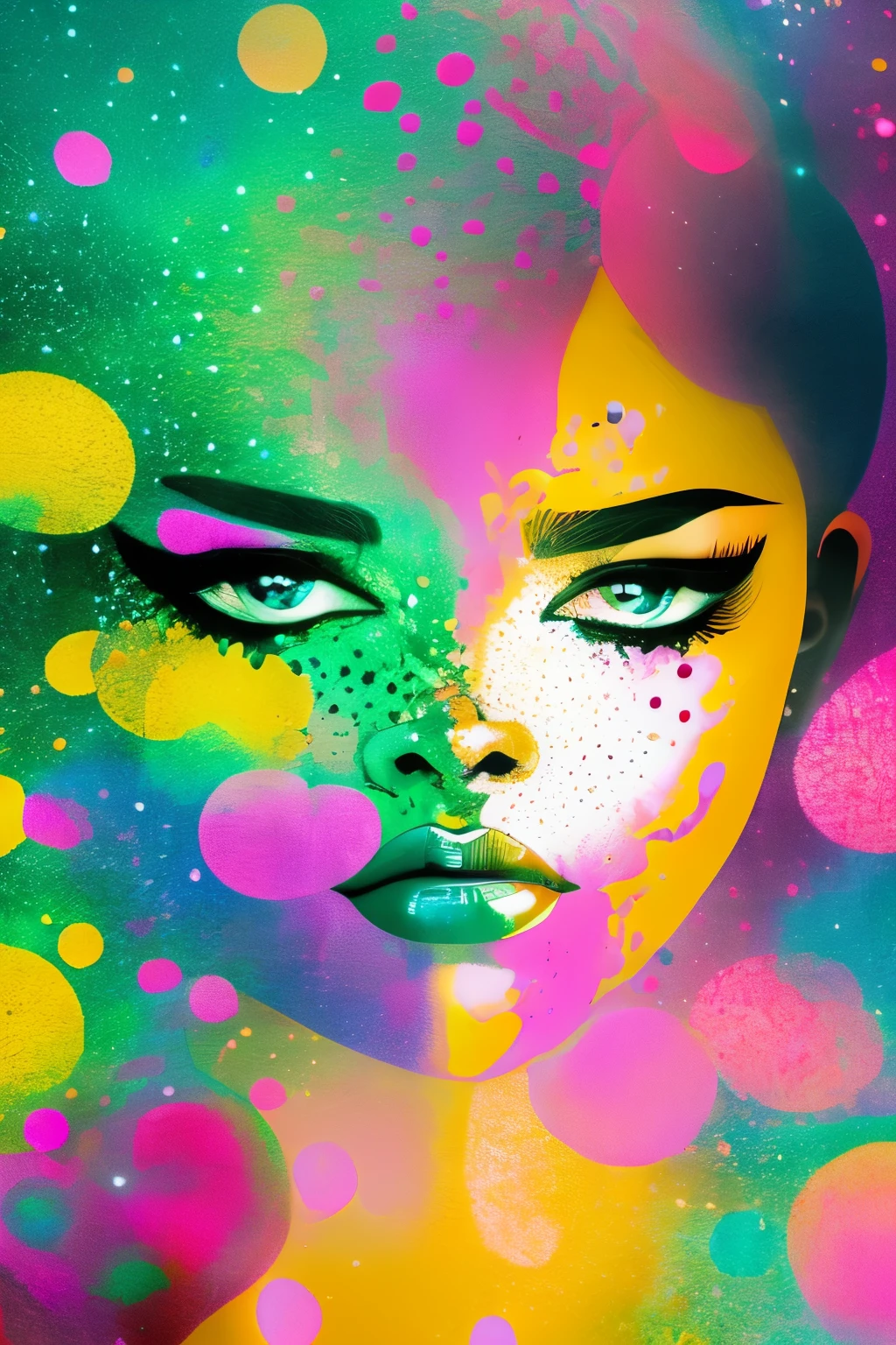 best quality, 32k, RAW photo, incredibly absurdres, extremely detailed, ink splatter, polka dots of various sizes in pastel colors, and the silhouette of a beautiful woman's face emerging, background white, delicate, flashy and dynamic depiction, image processing with mysterious effects