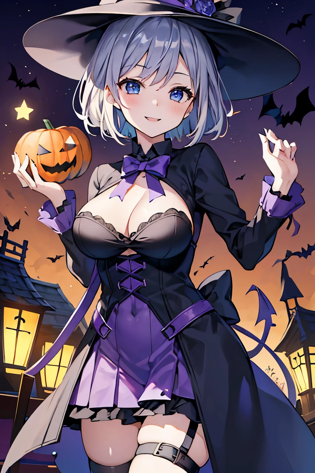 １with a girl、high resolution、big breasts、young face、girl、幼いgirl、big 、Mischievous smile、gray hair、short hair、halloween building district、Halloween Cosplay、Not clear、blue eyes、dark purple witch hat