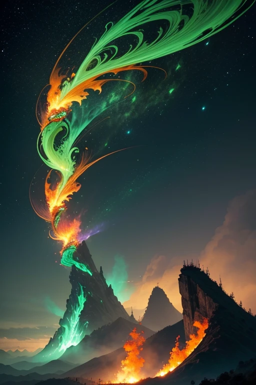 Dragones verdes con alas llameante exhala fuego en la cima de un acantilado. Los dragones Llameante exhala fuego, volcanes, respirando fuego. energy elements, aura, Onda, particles, and harmony.