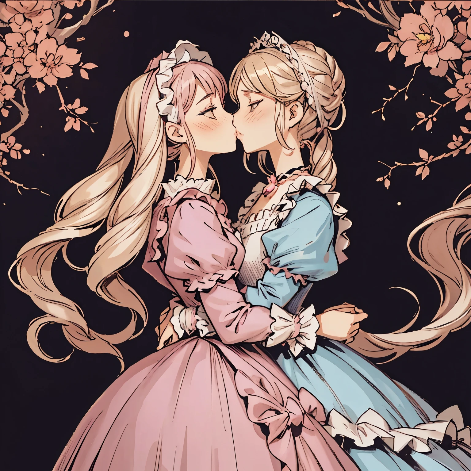 highest quality, masterpiece, highest resolution, artwork, super それにget used to it, many get used to it, get used to it, それにget used to it, woman, 10 years old,the two girls are princesses,(((A pink Marie Antoinette-like rococo-style voluminous ballgown dress))),long sleeve,ruffled sleeves,(ruffled yoke collar),long dress,A dress with lots of frills and ribbons..wears a tiara on the head,luxury,two people kiss,