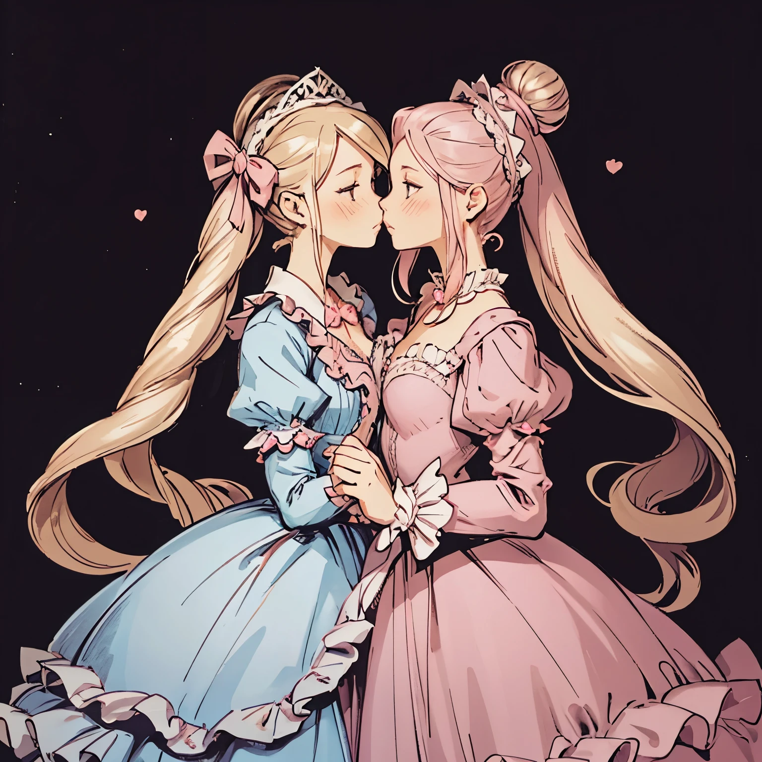 highest quality, masterpiece, highest resolution, artwork, super それにget used to it, many get used to it, get used to it, それにget used to it, woman, ,the two girls are princesses,(((A pink Marie Antoinette-like rococo-style voluminous ballgown dress))),long sleeve,ruffled sleeves,(ruffled yoke collar),long dress,A dress with lots of frills and ribbons..wears a tiara on the head,luxury,two people kiss,