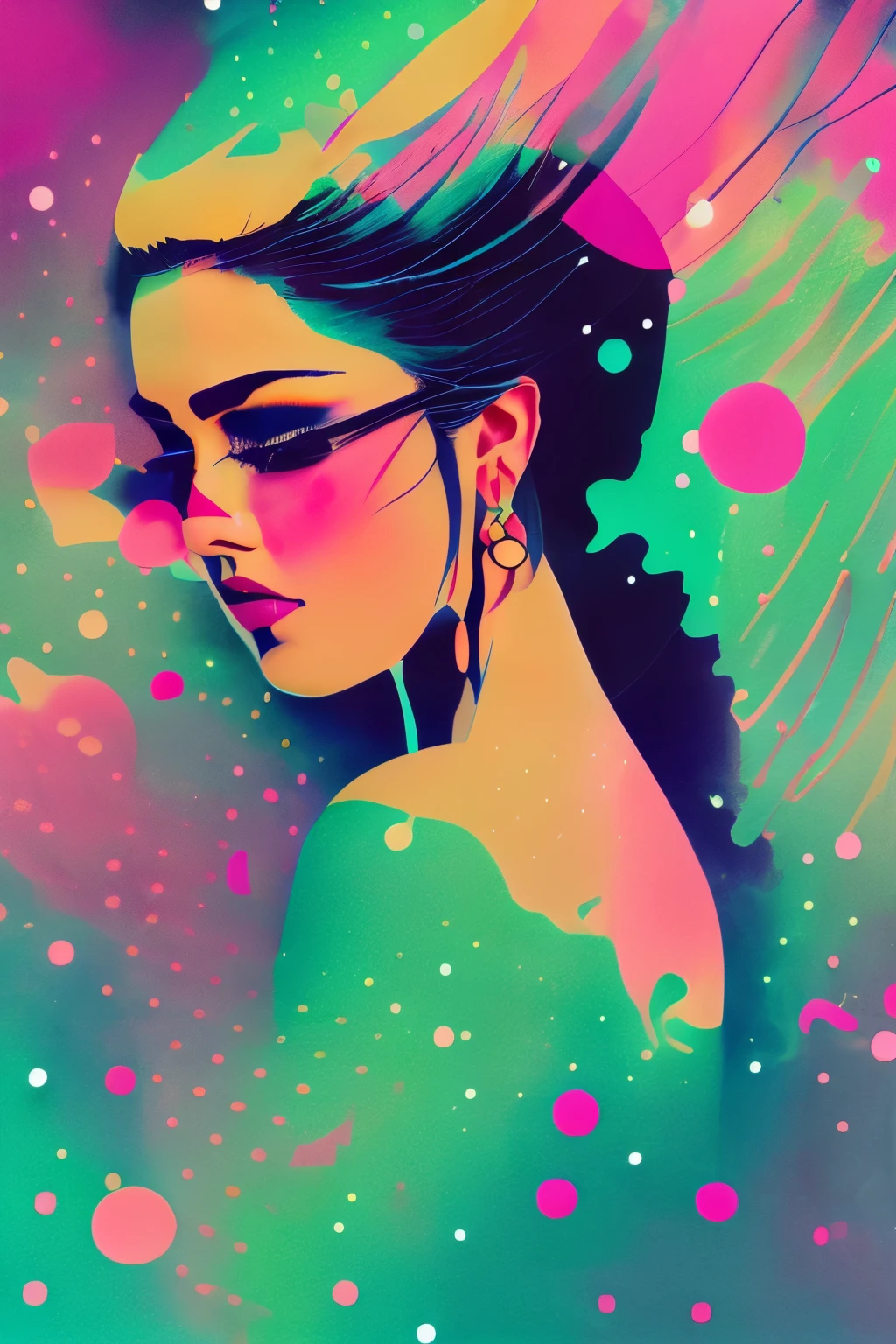 A vibrant and abstract portrait of a woman. The artwork uses bright neon colors like yellow, green, pink, and teal, contrasted with black and grey. The woman has high cheekbones, defined lips, and intense eyes with bright makeup-like colors around them. Her hair flows in dark, abstract strands mixed with colorful splatters. The background is plain to keep the focus on the woman, with dynamic and chaotic brush strokes creating an energetic feel.