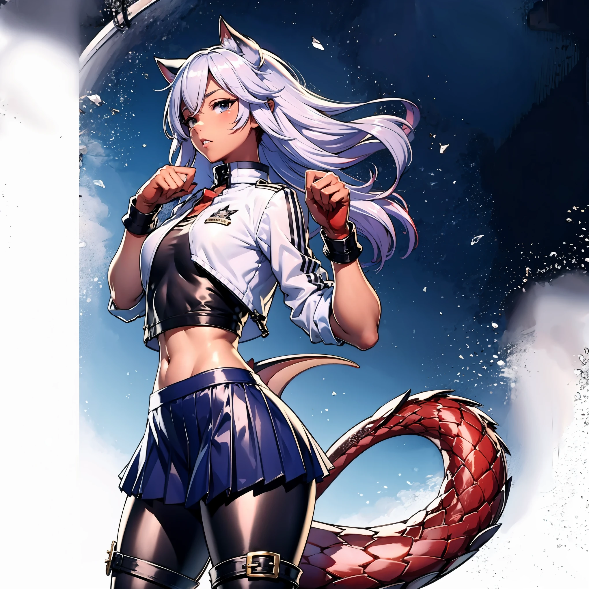 8k, resolution, high quality, high resolution, best quality, extremally detailed, best resolution, absurd resolution, ray tracing, high detailed, masterpiece, extremely detailed,shoulder length white hair, female,2 white wolf ears, teenage girl, slim body,white scale dragon tail,black boots,grey leggings, navel blue school skirt, sailor shirt, camo jacket, medium size chest, detailed blue eyes, detailed beautiful face,solo female,1 dragon tail, detailed eyes, tomboyish, dragon tail, white scales