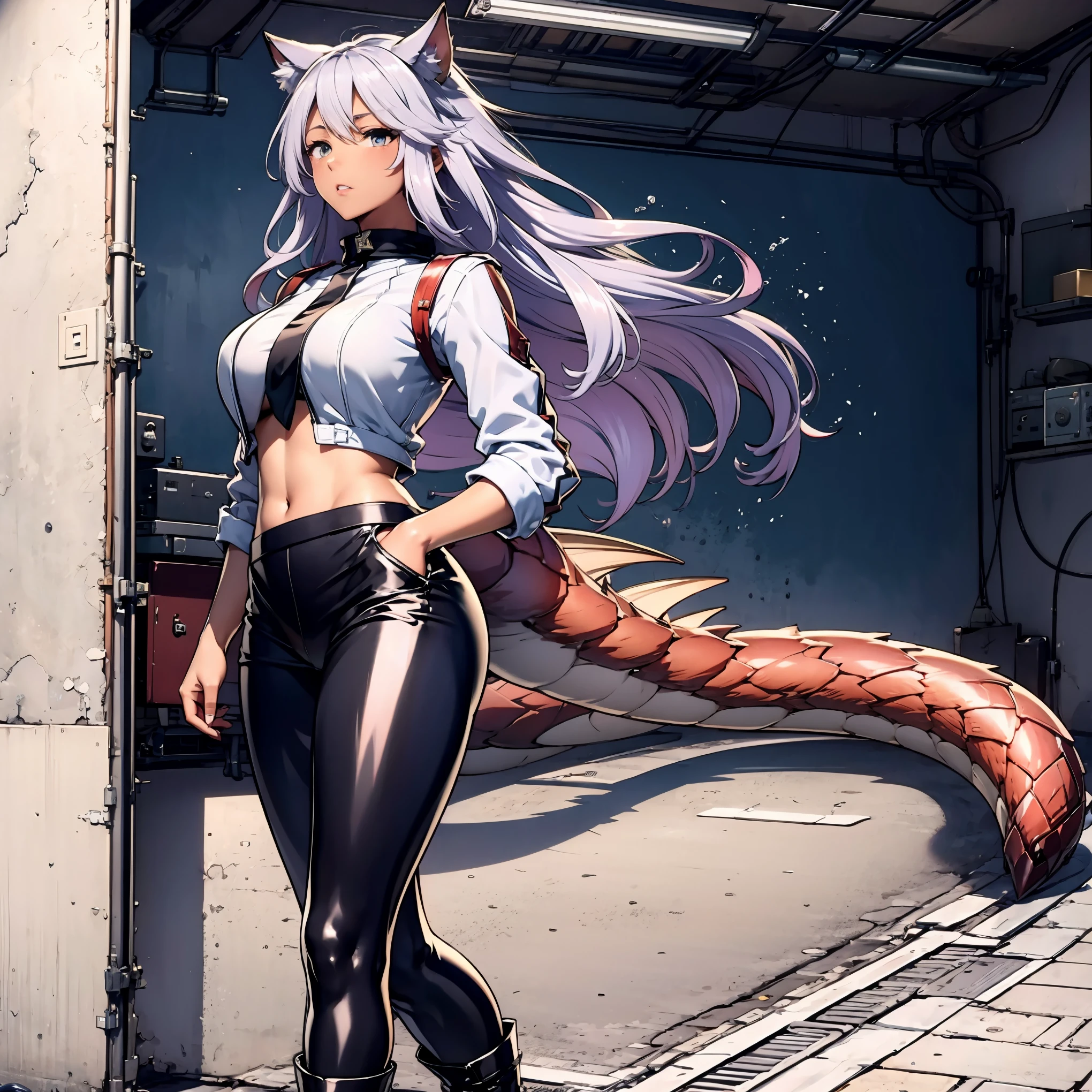 8k, resolution, high quality, high resolution, best quality, extremally detailed, best resolution, absurd resolution, ray tracing, high detailed, masterpiece, extremely detailed,shoulder length white hair, female,2 white wolf ears, age girl, slim body,white scale dragon tail,black boots,black leggings, navel blue school skirt, sailor shirt, white jacket, medium size chest, detailed blue eyes, detailed beautiful face,solo female,1 dragon tail, detailed eyes, tomboyish, dragon tail, white scales