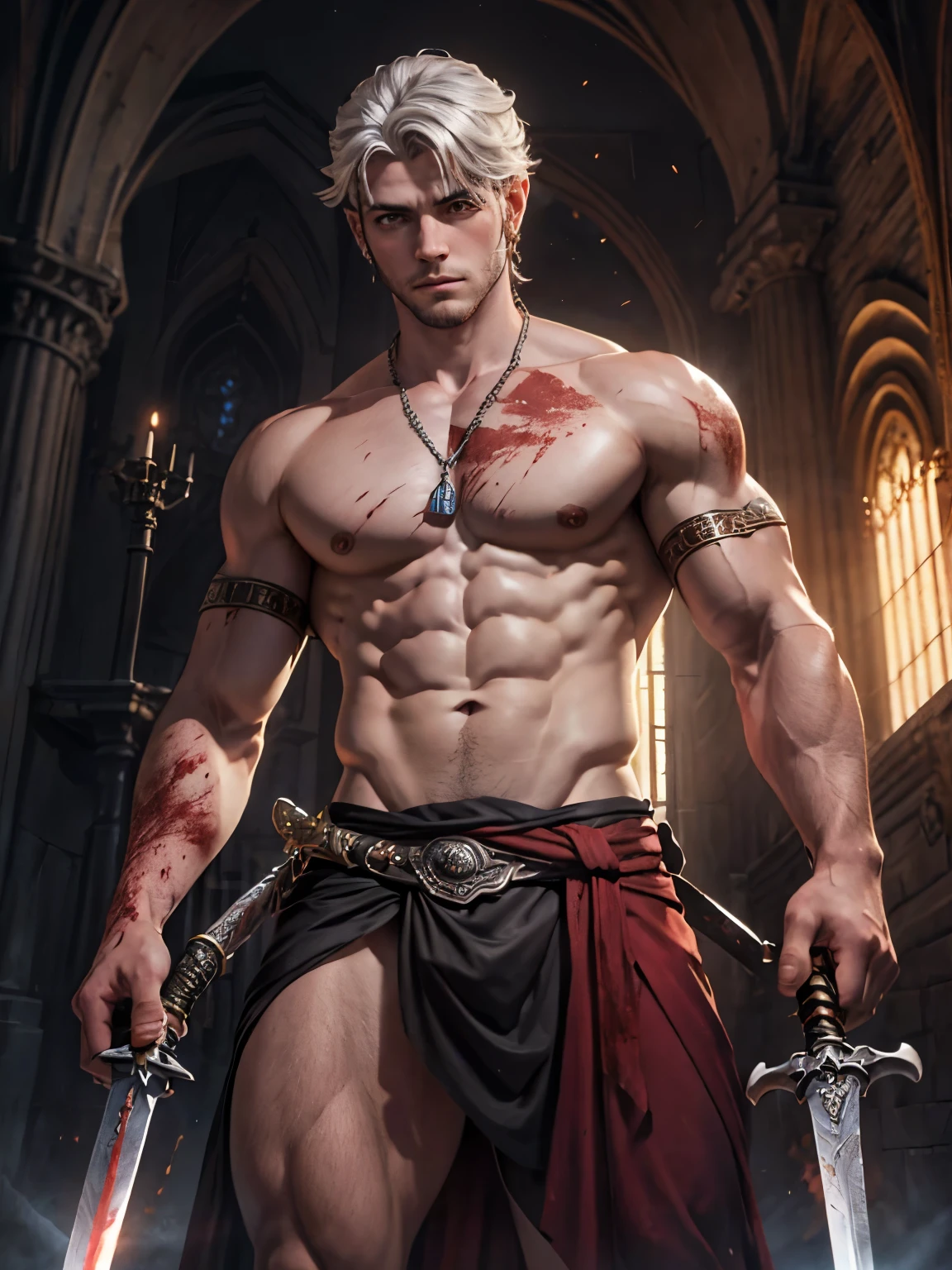 obra de arte, melhor qualidade, high resolution, retrato em close, a beautiful man, A pale prince, Allain, cabelos brancos, white marble skin, olhos vermelhos, sentado no trono, segurando duas espadas que se cruzam em X (a sword is red with blood, and the other sword is silver), sentado em pose intimidante,pernas abertas, luz brilhante, amazing composition, vista frontal, topless, trouseless, red underwearing, bulged, HDR, volumetric lighting, ultra qualidade, elegante, altamente detalhado
