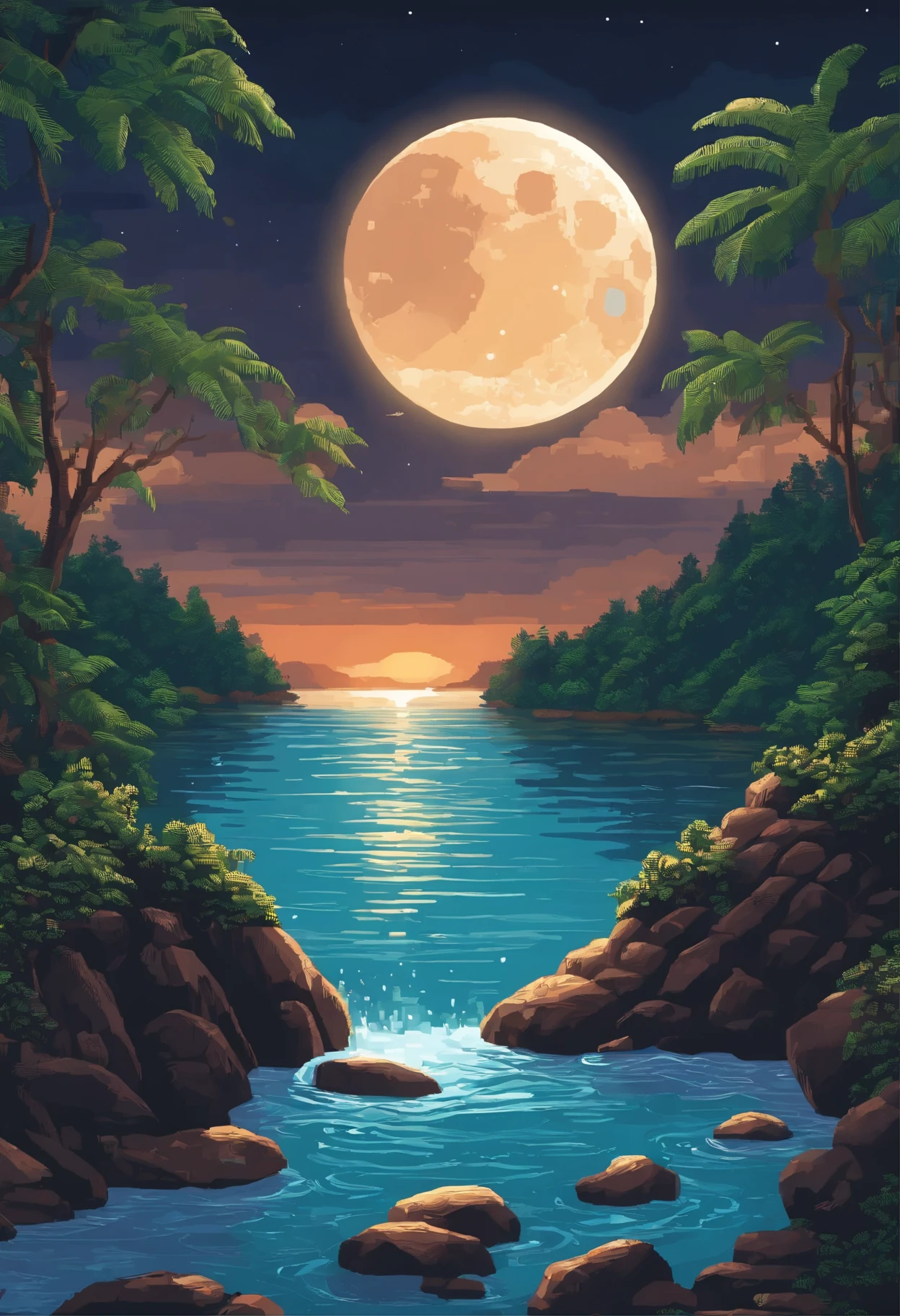 Pixel art of giant moon rising over calm sea, beautiful detailed pixel art, detailed pixel art, Lo-fidel retro video games, Concept Pixel Art, detailed pixel artwork, Pixel art style, pixel town, Pixel Art Animation, High-quality pixel art, Dolphins jump off the surface of the sea, super detailed color lowpoly art, #pixel art:3, # pixel art, #pixel art, painting of a river with rocks and trees in the foreground, por Martinus Rørbye, por Adolf Hölzel, por Adolf Schrödter, by Karl Otto Götz, por Vilhelm Lundstrom, by Antón Otto Fischer, by Joseph von Führich, por Carl Eugen Keel, por Adolf Born, near a river, landscape, jungle, waterfall, crystal clear water, night light, full moon, colorful, river with rocks, rock bridge, epic, fantasy,