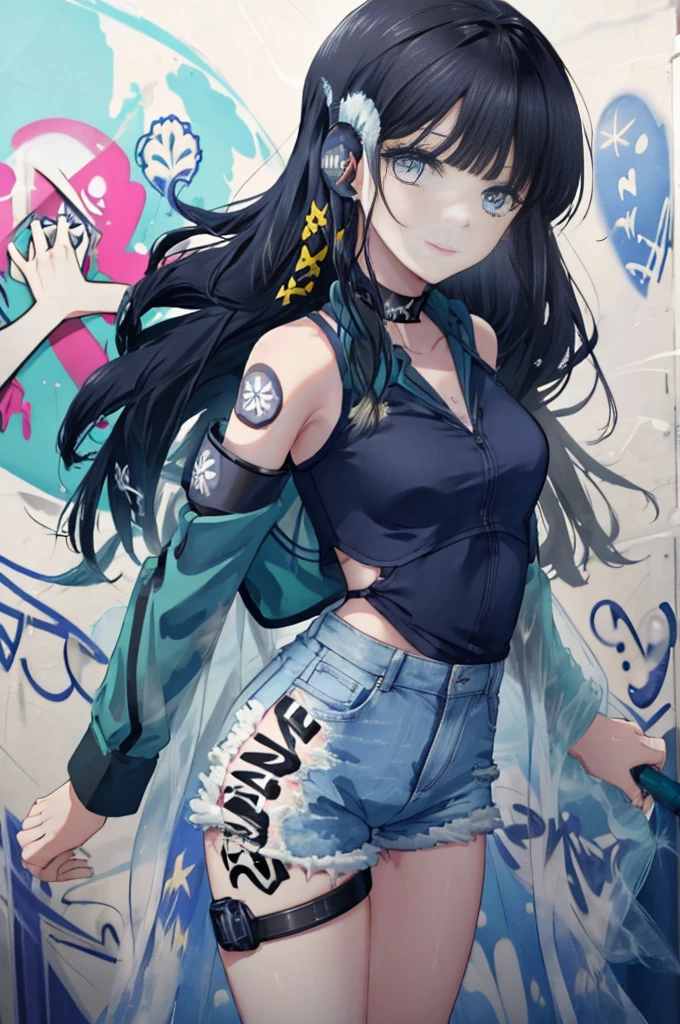 Siboshency,1 girl,black hair,long hair,alone,dull bangs,Snowflake Hair Ornament,Yellow x hair ornament,black eye,blue eyes,denim shorts, choker, (graffiti:1.5), smile,paint splatters, turn your arms behind your back, towards the wall, looking at the viewer, armband, thigh strap, paint on the body, head tilt, was bored, headset,outdoor,Day,exquisite visuals, High resolution,masterpiece,highest quality,exquisite visuals,High resolution,masterpiece,highest quality,18-year-old,young woman,beautiful fingers,beautiful long legs,beautiful body,beautiful character design,