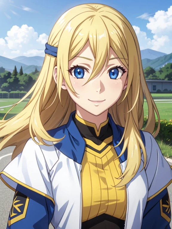 Cristia AOT, 1 girl, alone, Krista Lenz, smile, hair between eyes, blue eyes, blonde hair, Jacket, medium hair,