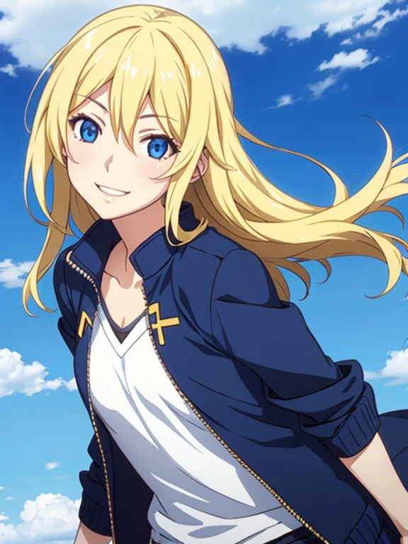 Cristia AOT, 1 girl, alone, Krista Lenz, smile, hair between eyes, blue eyes, blonde hair, Jacket, medium hair,
