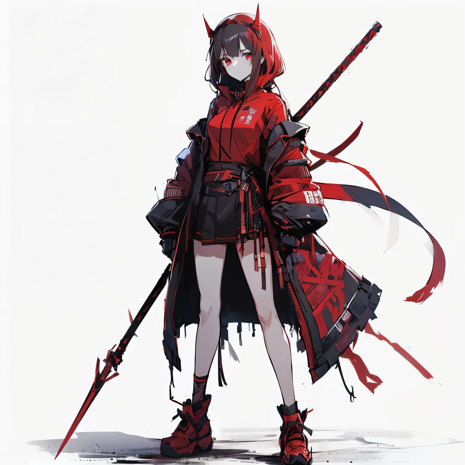 Anime girl in a red and black dress with long black hair and two swords, from arknights, Katana Zero video game character, from girls frontline, arknights, Gap Moe Yandere Grim Dark, girls frontline cg, girls frontline universe, girls frontline style, small details. girls frontline, female rouge assassin, by Hitoshi Homura, Cord vein