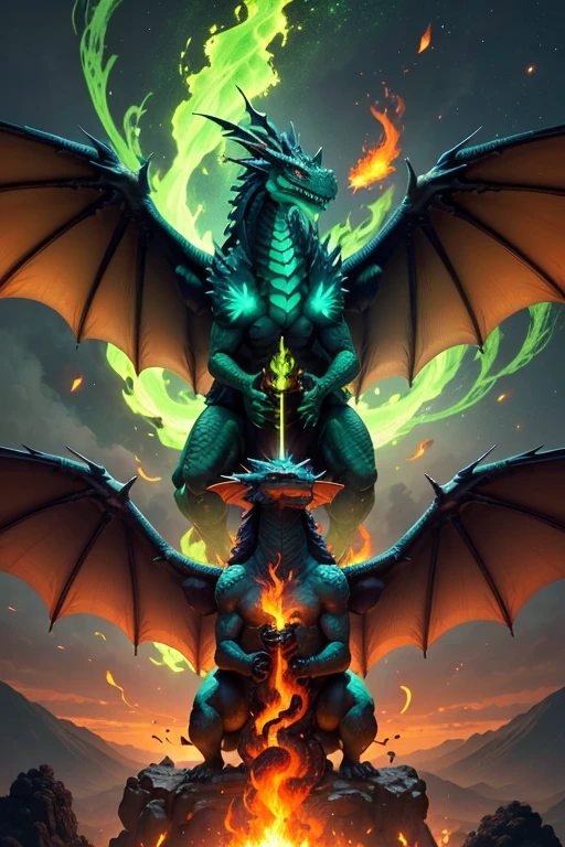 Dragones verdes con alas llameante exhala fuego en la cima de un acantilado. Los dragones Llameante exhala fuego, volcanes, respirando fuego. energy elements, aura, Onda, particles, and harmony.