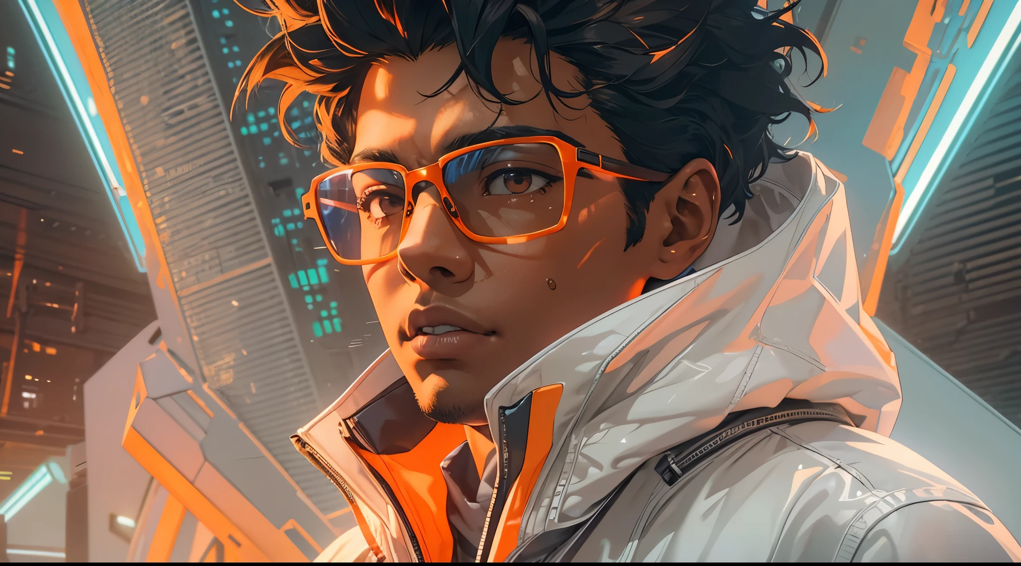 Capture the breathtaking moment as a young, dark-skinned man wearing glasses, dressed in a crisp white windbreaker hoodie faces an ominous orange light structure in a futuristic white building creating a raw and emotional masterpiece. This ultra-high resolution, photorealistic full-body portrait is bathed in the warm glow of sunlight, capturing the essence of the scene. The style is reminiscent of mecha sci-fi anime, presented in an impressive 8K resolution for unparalleled image quality. Crafted with Unreal Engine 5, the artwork features ultra-realistic 64K CG, skin texture at 1.4, and an evocative orange volumetric fog, adding depth and atmosphere to the narrative. Further detailing includes 8K UHD, DSLR quality, film grain, and the artistic nuances of lomography, resulting in a visually stunning composition that seamlessly blends high-quality visuals, translucent effects, and photorealism to truly captivate the viewer.
