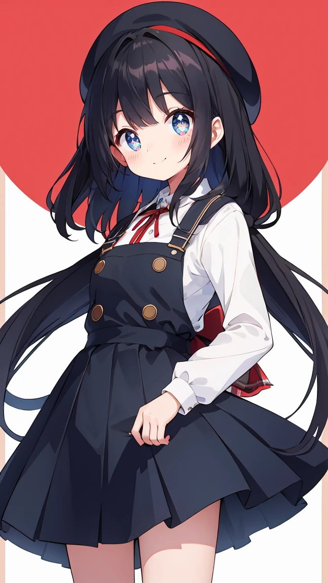 (masterpiece:1.2), (best quality), extremely detailed, fine line drawing, CG unity UHD wallpaper, BREAK, 1girl, solo, , shy smile, long hair, light black hair color, red eyes, big eyes, wide-eyed, droopy eyes, puffy eyes, outstretched_arms, outstretched_hand, nail_polish, small breasts, pinafore, side pleated skirt, beret, pendant, learning forward, looking up, form above, looking at viewer, BREAK, from below, cowboy shot,