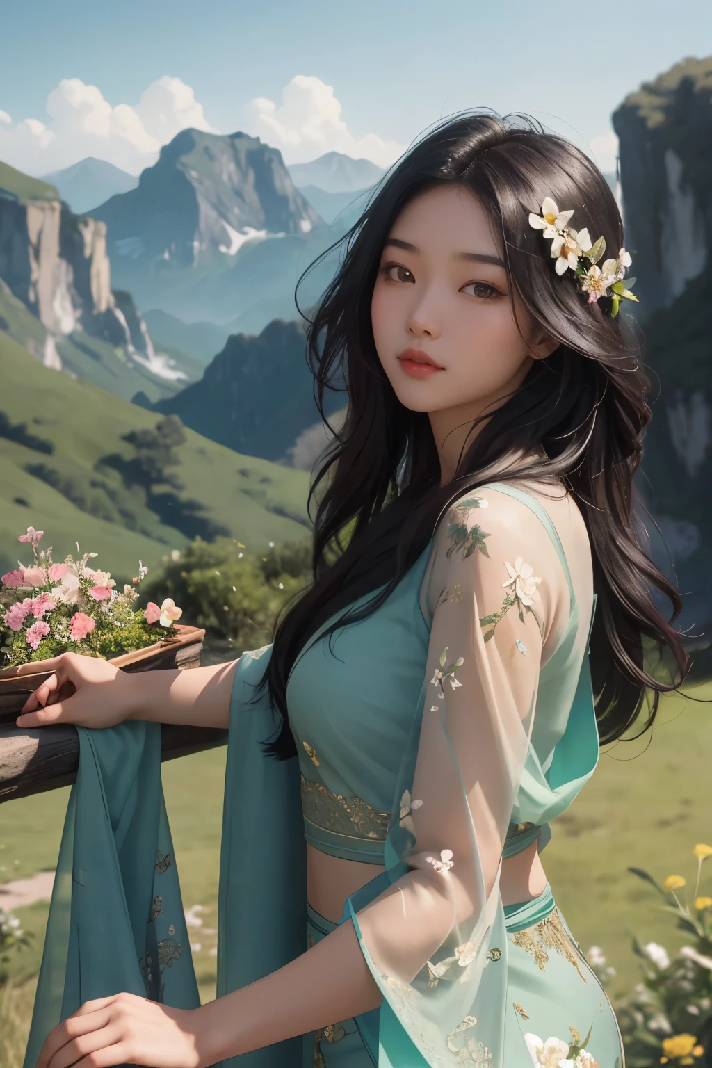 A captivating 18-year-old Asian girl with long, flowing black hair poses in a low angle shot against the backdrop of a breathtaking landscape adorned with vibrant flowers. The high-definition, realistic image is rendered in stunning 4K resolution, showcasing every intricate detail of her delicate features and fine textures. With a captivating expression that draws you in, her expressive eyes shimmer under the soft, cinematic lighting. The lush greenery and rich colors of the landscape frame her elegantly, highlighting her graceful form in this masterpiece of art.