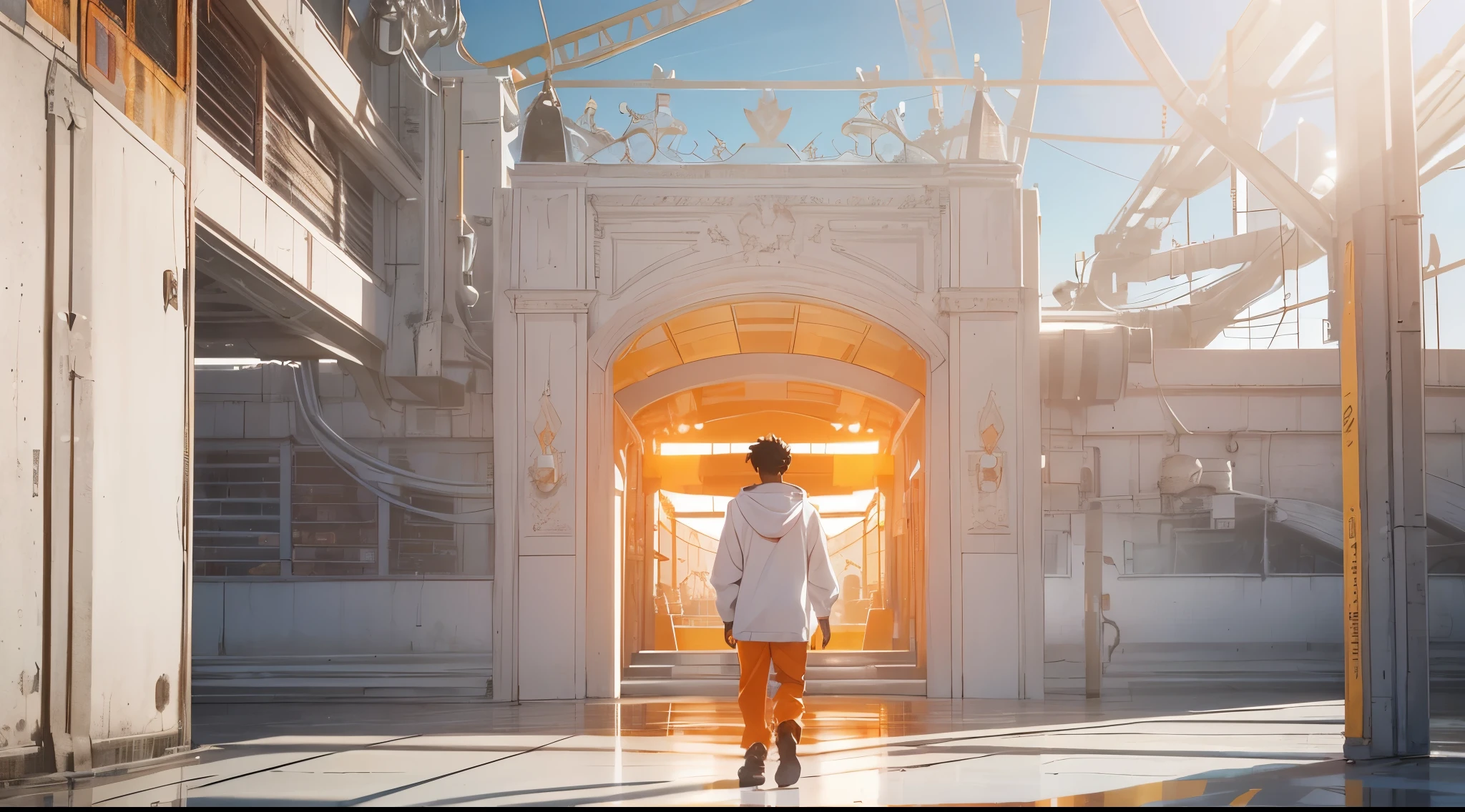 Capture the breathtaking moment as a young, dark-skinned man wearing glasses, dressed in a crisp white windbreaker hoodie faces an ominous orange light structure in a futuristic white building creating a raw and emotional masterpiece. This ultra-high resolution, photorealistic full-body portrait is bathed in the warm glow of sunlight, capturing the essence of the scene. The style is reminiscent of mecha sci-fi anime, presented in an impressive 8K resolution for unparalleled image quality. Crafted with Unreal Engine 5, the artwork features ultra-realistic 64K CG, skin texture at 1.4, and an evocative orange volumetric fog, adding depth and atmosphere to the narrative. Further detailing includes 8K UHD, DSLR quality, film grain, and the artistic nuances of lomography, resulting in a visually stunning composition that seamlessly blends high-quality visuals, translucent effects, and photorealism to truly captivate the viewer.