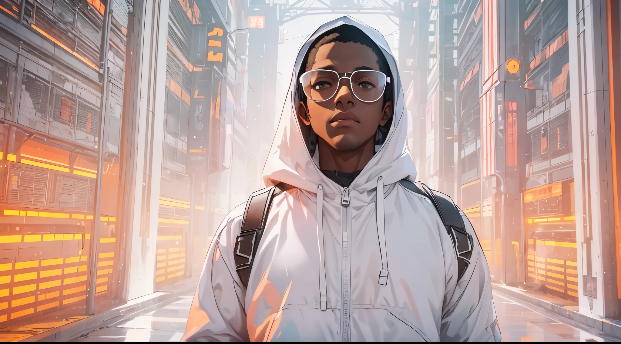 Capture the breathtaking moment as a young, dark-skinned man wearing glasses, dressed in a crisp white windbreaker hoodie faces an ominous orange light structure in a futuristic white building creating a raw and emotional masterpiece. This ultra-high resolution, photorealistic full-body portrait is bathed in the warm glow of sunlight, capturing the essence of the scene. The style is reminiscent of mecha sci-fi anime, presented in an impressive 8K resolution for unparalleled image quality. Crafted with Unreal Engine 5, the artwork features ultra-realistic 64K CG, skin texture at 1.4, and an evocative orange volumetric fog, adding depth and atmosphere to the narrative. Further detailing includes 8K UHD, DSLR quality, film grain, and the artistic nuances of lomography, resulting in a visually stunning composition that seamlessly blends high-quality visuals, translucent effects, and photorealism to truly captivate the viewer.