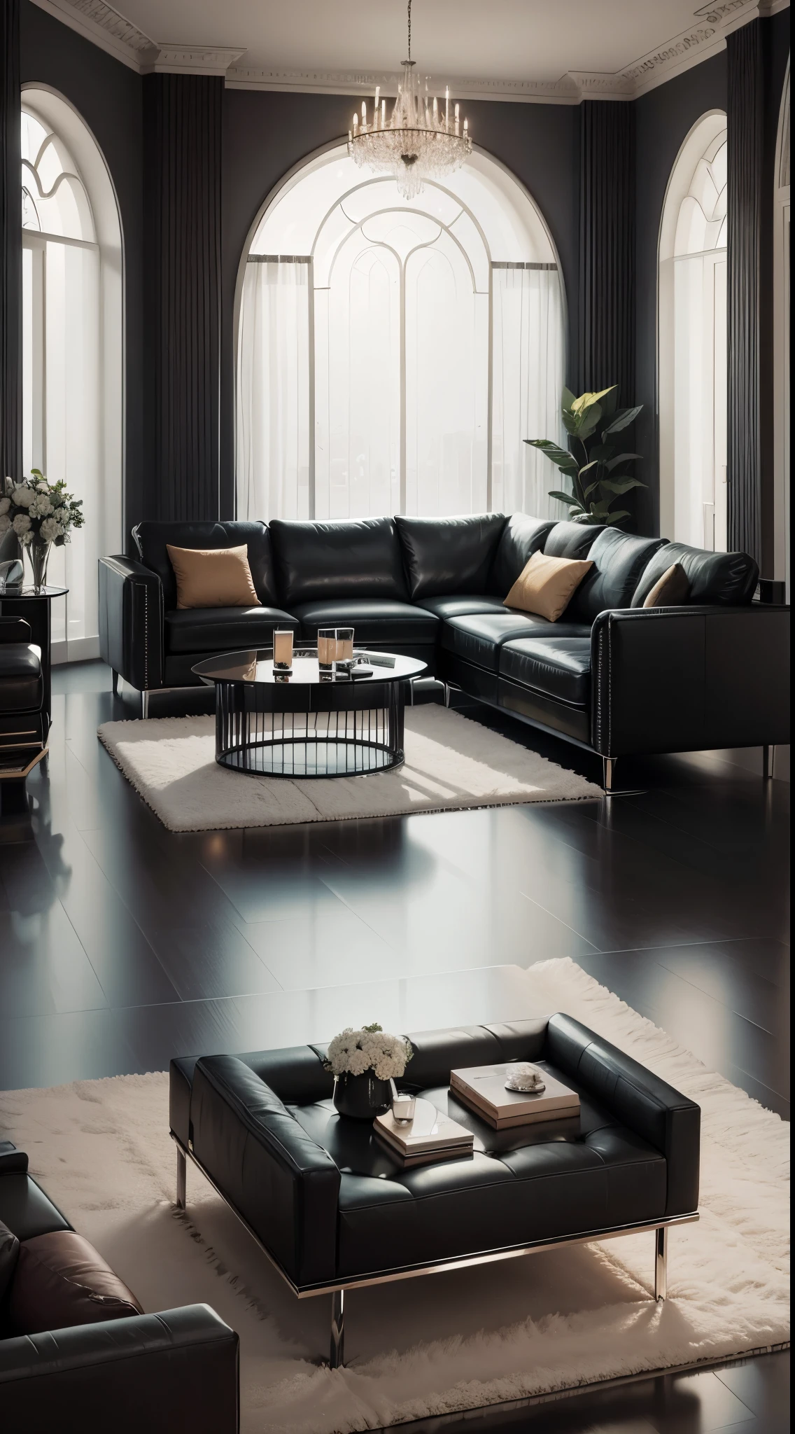 
The super spacious living room features modern design furniture, including armchairs upholstered in black and gray leather, tempered glass coffee tables with chrome bases, luxurious queen size bed and black leather chair, autumn elements are a must
