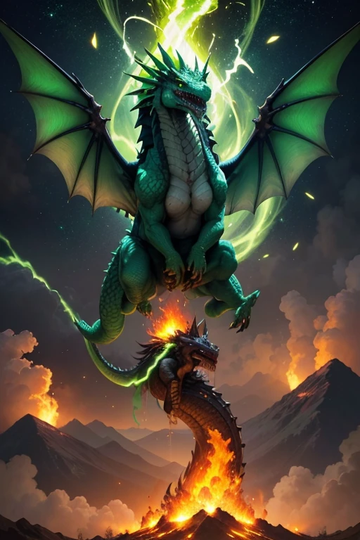 Dragones verdes con alas llameante exhala fuego en la cima de un acantilado. Los dragones Llameante exhala fuego, volcanes, respirando fuego. energy elements, aura, Onda, particles, and harmony.