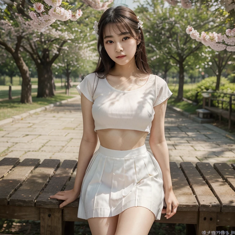(Best quality, Masterpiece), 1girll, Korean girl,18yr old,Absolutely beautiful, Amazing, In the park,Under the peach blossoms,Noble,perfect bodies, Perfect face shape,Charming eyes,Bright big eyes,Long eyelashes,sensual lip,White skin,The gauze skirt flew up,Very real,goodlooking,Ethereal beauty
