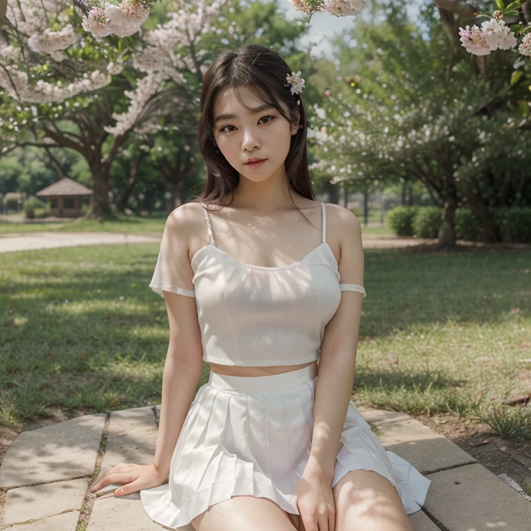 (Best quality, Masterpiece), 1girll, Korean girl,18yr old,Absolutely beautiful, Amazing, In the park,Under the peach blossoms,Noble,perfect bodies, Perfect face shape,Charming eyes,Bright big eyes,Long eyelashes,sensual lip,White skin,The gauze skirt flew up,Very real,goodlooking,Ethereal beauty