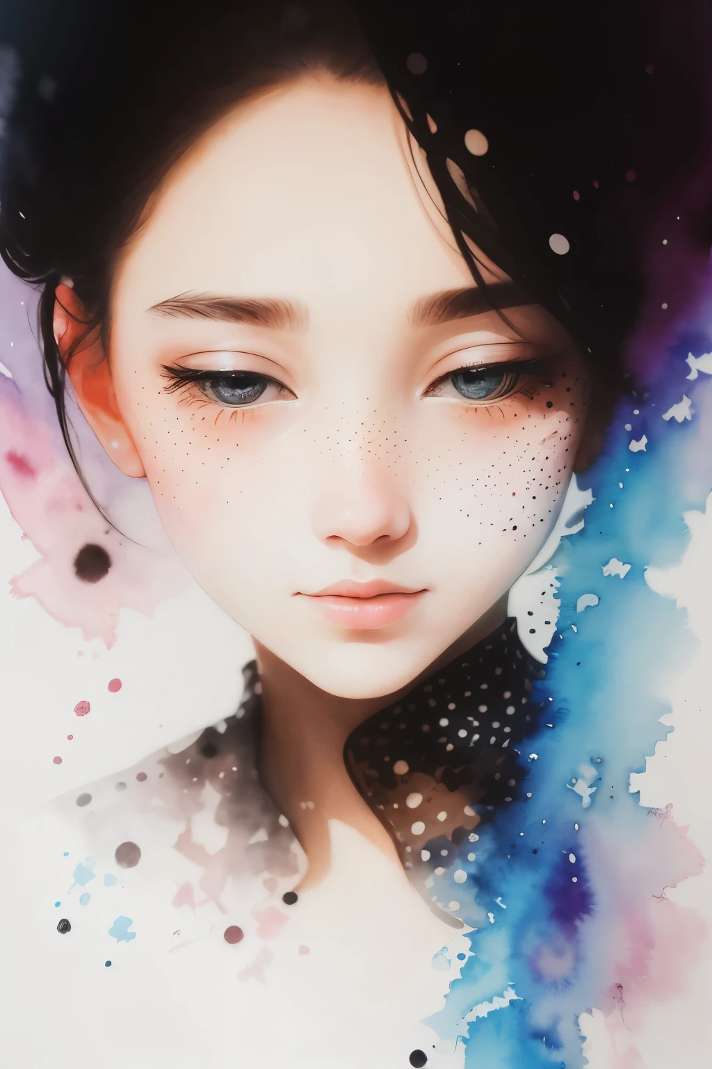 best quality, 32k, RAW photo, incredibly absurdres, extremely detailed, ink splatter, polka dots of various sizes in pastel colors, and the silhouette of a beautiful woman's face emerging, watercolor, delicate, flashy and dynamic depiction, image processing with mysterious effects
