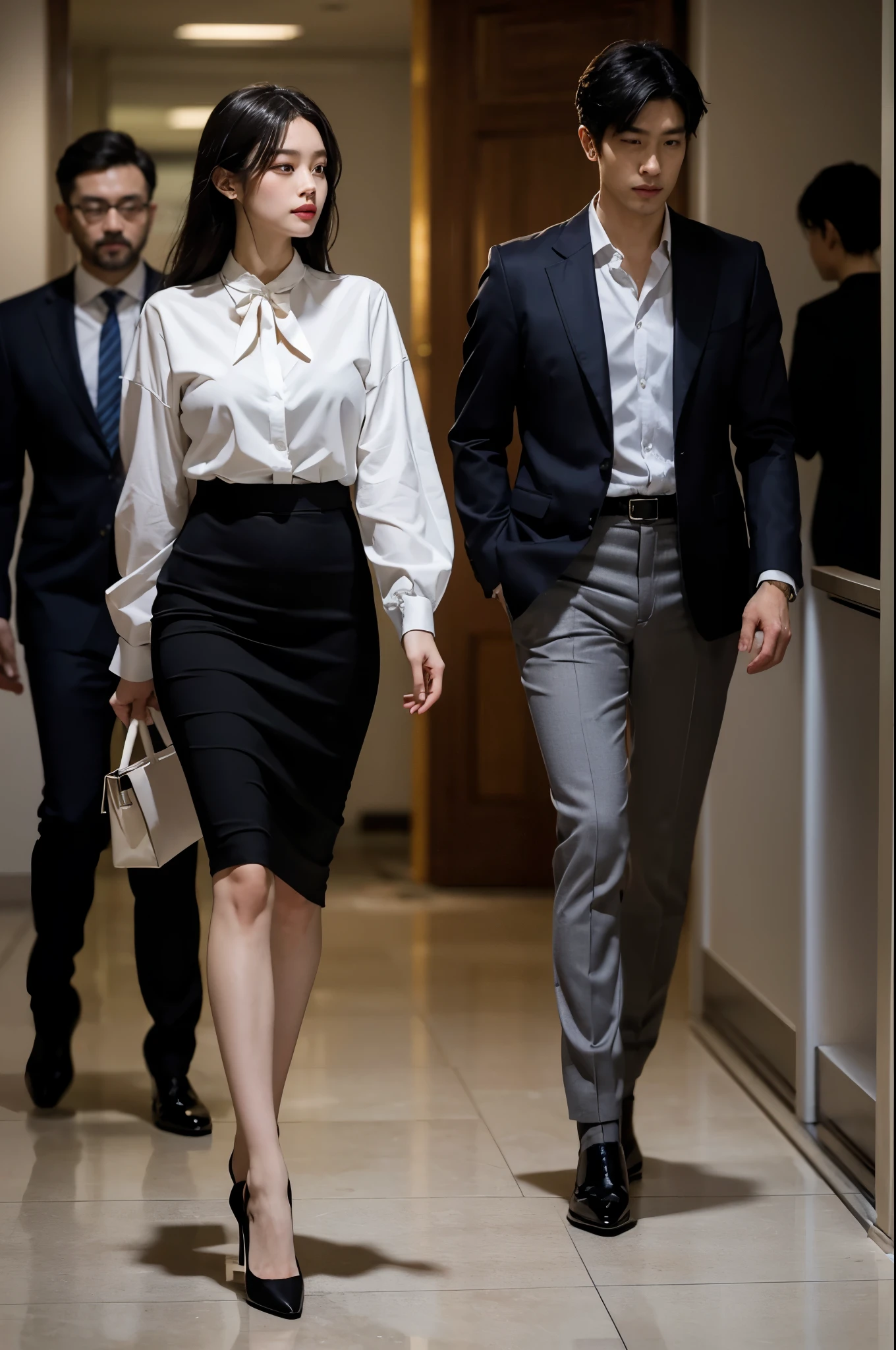 "Sakura, alongside Yumi's father, confidently striding towards a meeting room, her high-heeled pumps clicking on the polished marble floor, her form-fitting pencil skirt and fitted blouse accentuating her figure and professionalism, glossy black hair bouncing with each step, and Yumi's father, in a tailored suit projecting authority, his deep-set eyes focused, both presenting sophistication and purpose, turning heads, their professional demeanor masking their secret romance, in a photorealistic image, dynamic corporate setting, full body action shot, 85mm lens, professional and assertive lighting, high resolution 8K, capturing the intriguing dynamic of their relationship in a professional context (dynamic corporate setting:1.4), (sophistication and purpose:1.3), (secret romance:1.2)"
