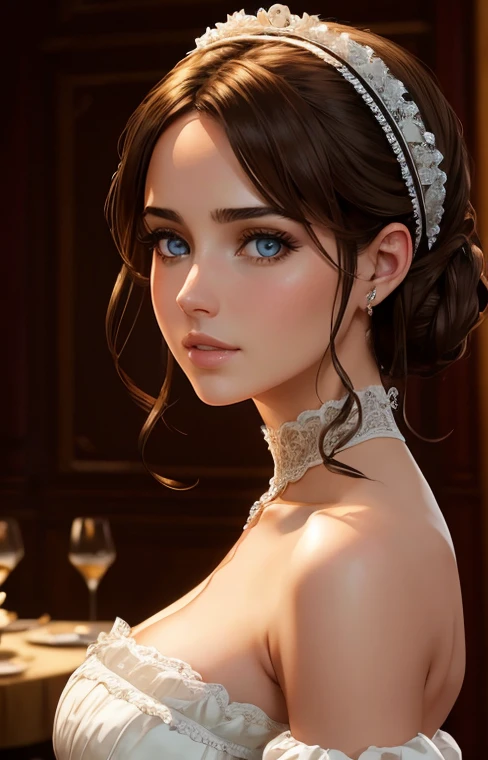 brown hair, blue eyes, ana de armas, hair with many details, beautiful, 8k artgerm bokeh, fanart best artstation, render photorealistic girl, art in the style of guweiz, inspired by WLOP, ig model | artgerm, deviantart artstation cgscosiety, At a party in a ballroom, in a mansion in regency era London, a beautiful young victorian woman, middle-aged woman, ana de armas, wearing a victorian ball gown with bare shoulders, covering her arms with an extremely luxurious coat, white skin, updo hair, brown hair, extremely detailed blue eyes, detailed symmetric realistic face, extremely detailed natural skin texture, masterpiece, absurdres, nikon d850 film stock photograph, kodak portra 400 camera f1.6 lens, extremely detailed, amazing, fine detail, rich colors, hyper realistic lifelike texture, dramatic lighting, cinestill 800 tungsten, raw photo, high quality, highres, sharp focus, extremely detailed, cinematic lighting, 8k uhd