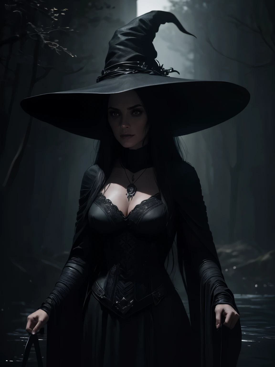 portrait of an elderly old witch in a black dress and hat standing in the water, no estilo da arte de fantasia sombria, mulher bruxa idosa velha, Arte conceitual de fantasia sombria, arte conceitual escura fotorrealista, personagem de fantasia hiperdetalhado, elderly elderly woman, personagem bruxa negra idosa, Stefan Gesell, design de personagens de fantasia sombria, Arte conceitual de The Witcher, moiras de The Witcher, arte de personagem impressionante, Alexandra Fomina Artstation, witch sorceress supervillain old