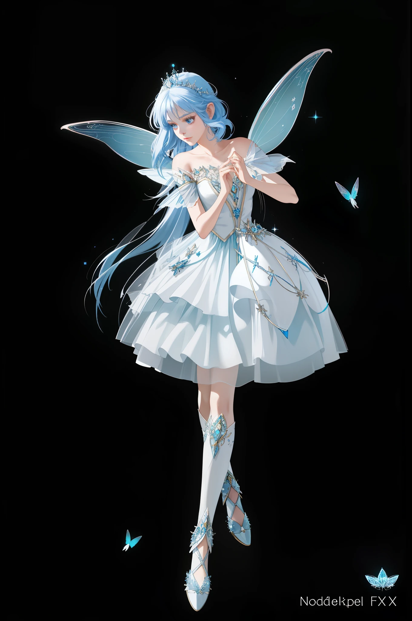 There is a woman wearing a white dress and blue wings, Stunning fairy 3d render, Beautiful adult fairy, beautiful fairy, beautiful fairy, fairy tale core, Astral Fairy, beautiful fairys, Fairies dance, fae teenage girl, Beautiful adult book fairy, Beautiful adult fairy queen, portrait of fairy, Stunning young and ethereal figure, portrait of fairy