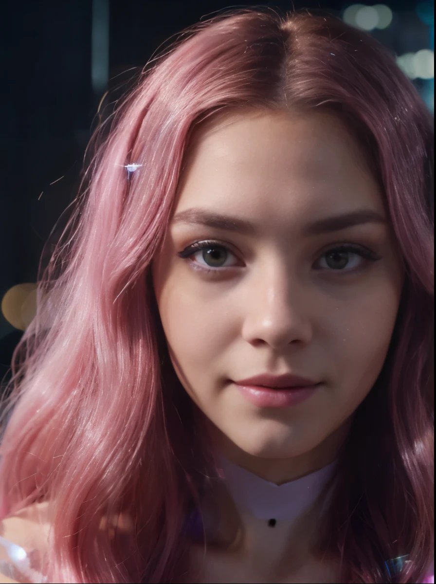 High face quality, high quality long pink hair, high quality yellow eyes, high quality small nose, high quality pink mouth, high quality black eyelashes, high quality dimples, high image quality, High quality, 8K, Cinematic, Full HD, Holographic, Light-Based, Futuristic, Highly Detailed