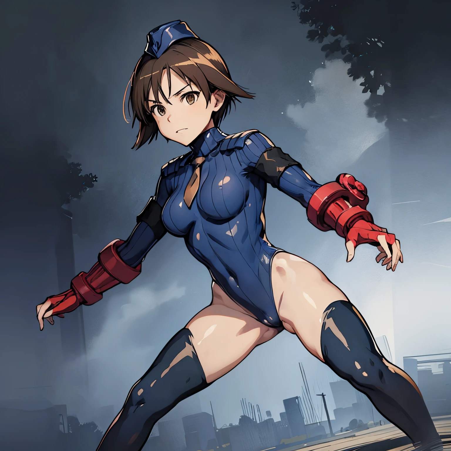 ultra-detailed, Explicit, Beautiful body, Beautiful Nose, Beautiful character design, perfect eyes, perfect face, ultra highres, 4K, beautiful legs, perfect legs, Nice hands, Perfect hand, Masterpiece, Best Quality, Highly detailed, illustration, absurdres, perfect anatomy, street fighter, doll suit, shadaloo doll, dollsuit, expressionless, blank eyes, looking at viewer, red gloves, emotionless, black latex, corrution, mind control, female combatant, full body, hypnotized, unhappy trance, full body suit, ribbed bodysuit, both arms at side, obey, perfect female body, extremely glossy latex, hypnosis, hypnoLora, empty eyes, Mind control device, poses, submissive_pose, Slave, hat, necktie, stand up straight, standing, standing at attention, hat, necktie, belt, latex, ribbed bodysuit, thighhighs, garter belt, Fighting Stance, extending the right arm from the shoulder into the air with a straightened hand, military, thigh boots, 1girl, Solo, brown hair, short hair, brown eyes, Yoshika Miyafuji, Strike Witches, evil smile, evil grin, evil expression