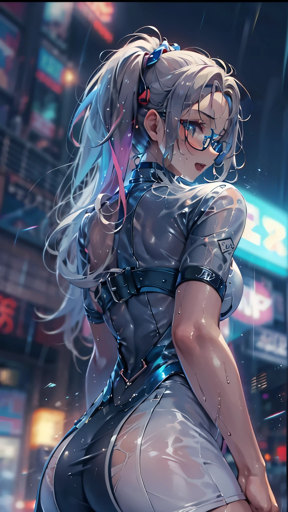 woman,,,city,night,(((white and blue tight miniskirt bodysuit))),(wet with sweat),open mouth smile((See-through))glasses,((beautiful long ponytail)),((Baby girl bo)