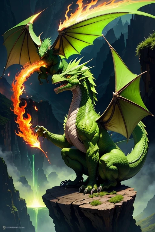 Green dragon with flaming wings exhales fire on top of a cliff. The Flaming Dragon breathes fire, volcanes, respirando fuego. energy elements, aura, Onda, particles, and harmony.