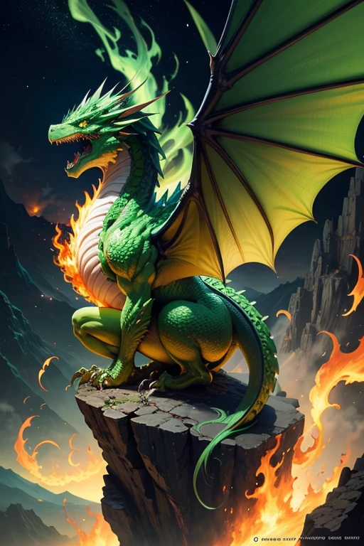 Green dragon with flaming wings exhales fire on top of a cliff. The Flaming Dragon breathes fire, volcanes, respirando fuego. energy elements, aura, Onda, particles, and harmony.